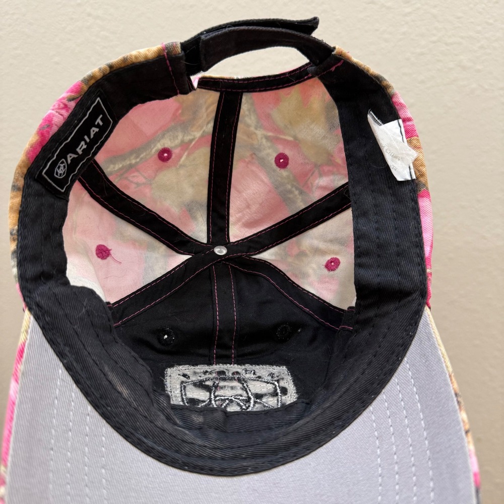 Ariat Pink Camo Western Adjust Strapback Distressed‎ Baseball Cap Hat Women OS - Picture 6 of 11